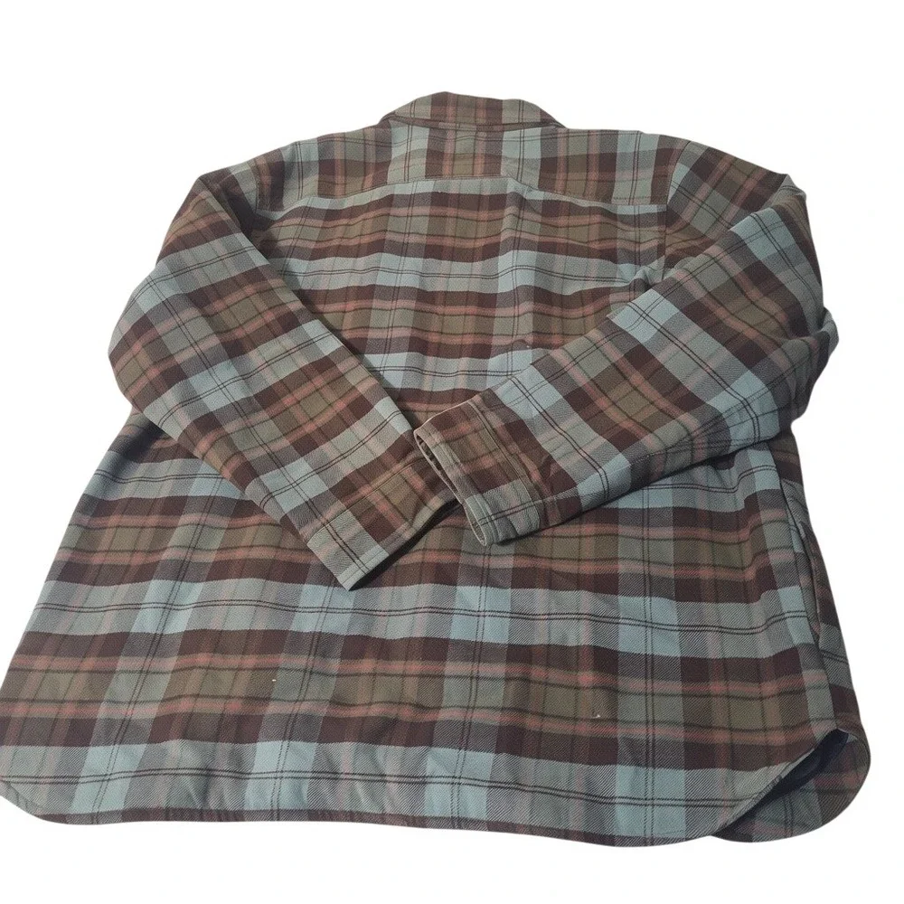 LL Bean Flannel Shirt Jacket Mens XL Blue Brown Plaid Quilted Insulated Lined